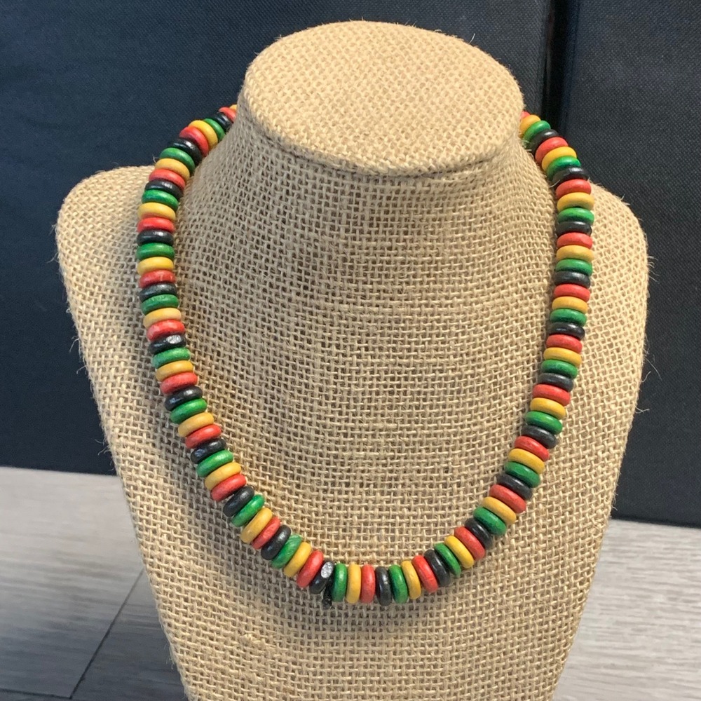 Rasta Wood Bead Necklace Red Yellow Green Black Disc Beads Boho Beach 18 Inch
